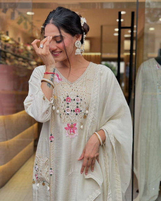 Ivory Muslin (Masleen) Sequin-Embroidered 3-Piece Suit Set with Dupatta