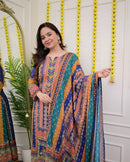 Multicolor Fox Georgette 3-Piece Long Suit Set with Printed Dupatta | Chikankari-Style Yoke