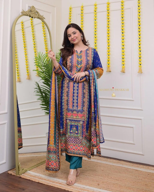 Multicolor Fox Georgette 3-Piece Long Suit Set with Printed Dupatta | Chikankari-Style Yoke