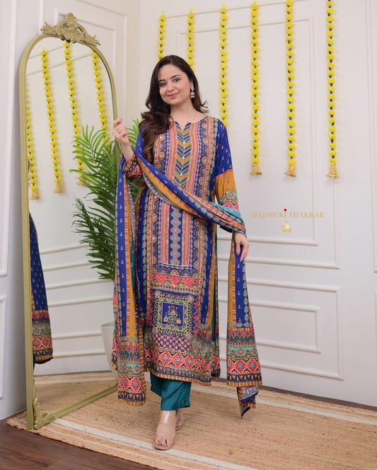 Multicolor Fox Georgette 3-Piece Long Suit Set with Printed Dupatta | Chikankari-Style Yoke