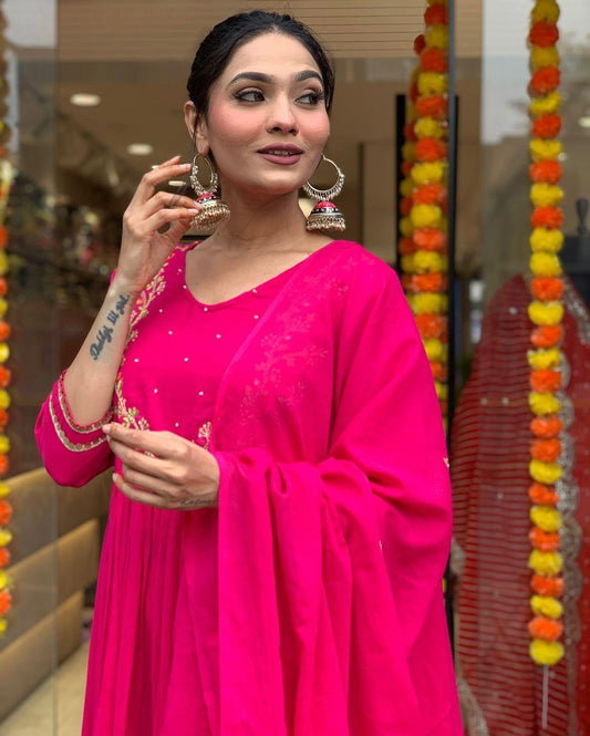 Rani Pink Fox Georgette Anarkali 3-Piece Suit Set with Embroidery & Dupatta