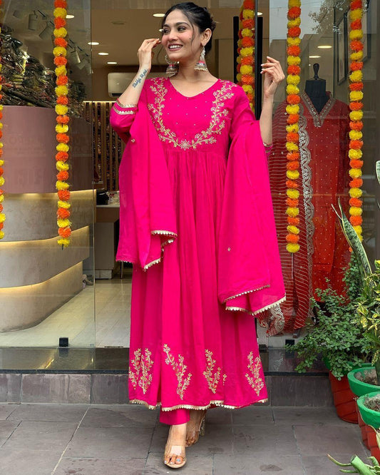 Rani Pink Fox Georgette Anarkali 3-Piece Suit Set with Embroidery & Dupatta