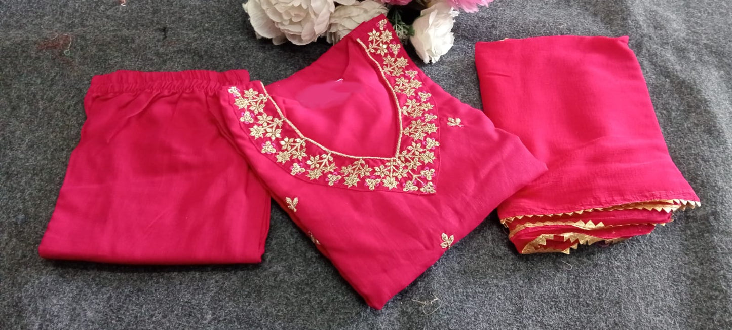 Elegant Pink Embroidered Kurti Pant with Dupatta Set – Slub Cotton