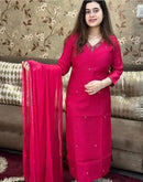 Elegant Pink Embroidered Kurti Pant with Dupatta Set – Slub Cotton