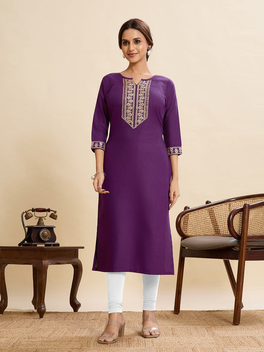 Purple Cotton Kurti with Stylish Embroidery & Sequence Work – (Sizes XS to XXL)