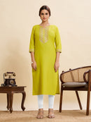 Lime Green Cotton Kurti with Stylish Embroidery Sequence Work – (Sizes XS to XXL)