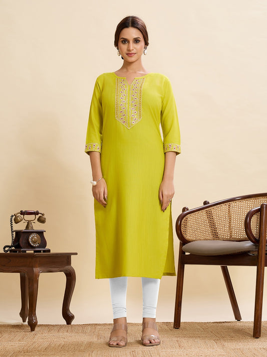 Lime Green Cotton Kurti with Stylish Embroidery Sequence Work – (Sizes XS to XXL)