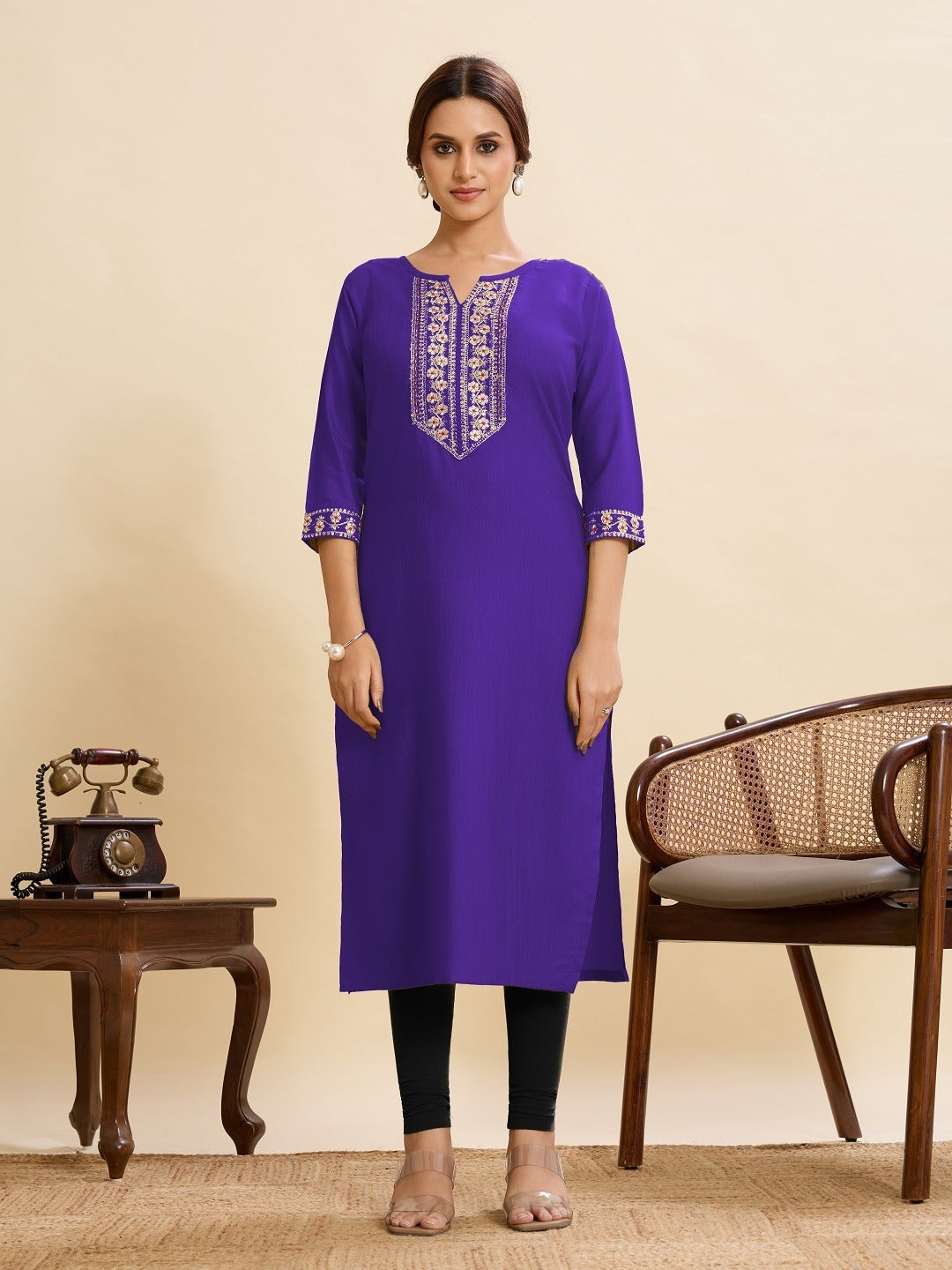 Purple Cotton Embroidery Sequence Work Kurti for Women – (Sizes XS to XXL)