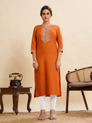 Orange Cotton Embroidery Sequence Work Kurti for Women – Stylish Party & Casual Wear (Sizes XS to XXL)