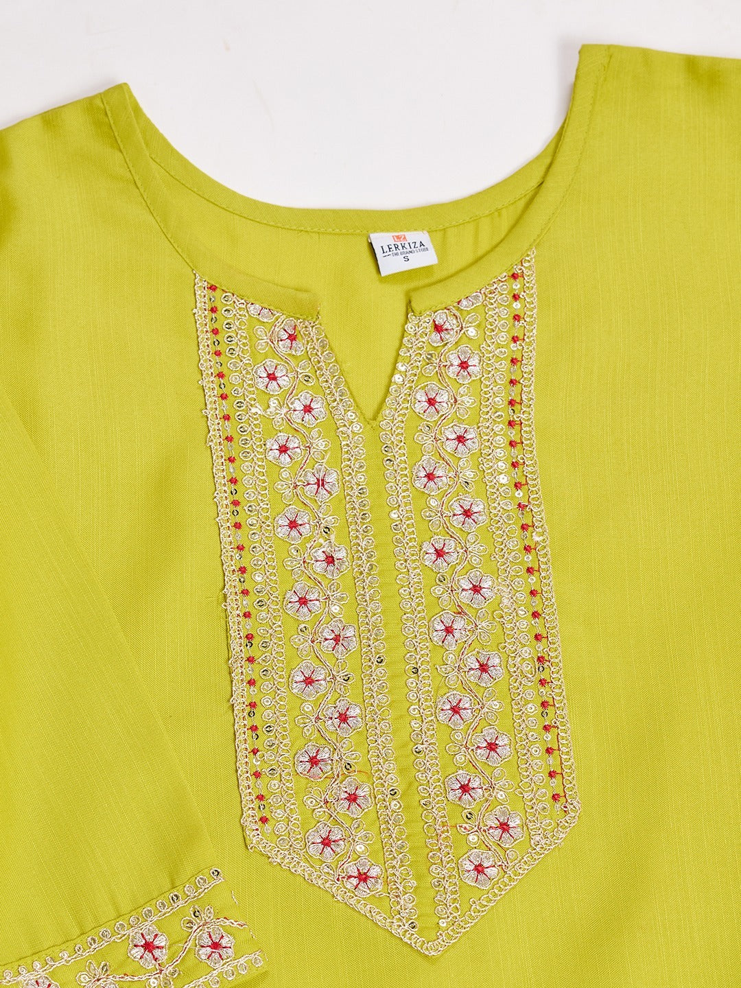 Lime Green Cotton Kurti with Stylish Embroidery Sequence Work – (Sizes XS to XXL)