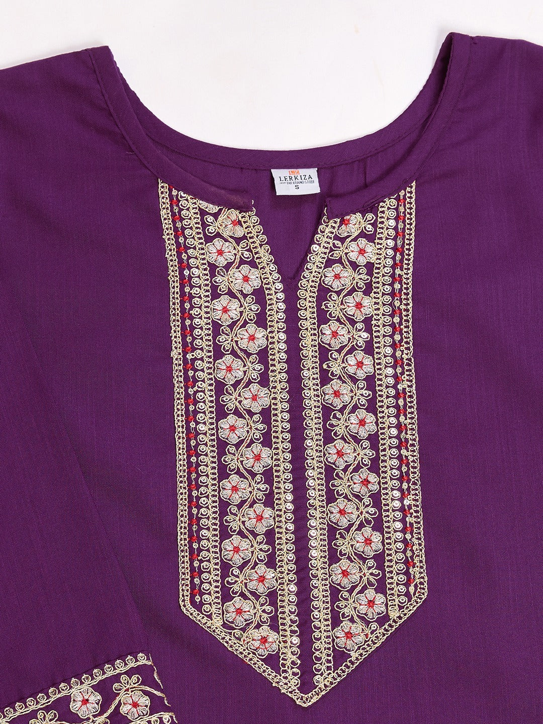 Purple Cotton Kurti with Stylish Embroidery & Sequence Work – (Sizes XS to XXL)