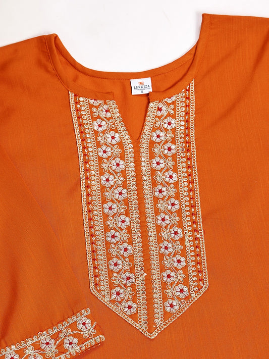 Orange Cotton Embroidery Sequence Work Kurti for Women – Stylish Party & Casual Wear (Sizes XS to XXL)