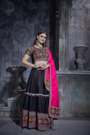 Rajwadi Black Gamthi Embroidered Navratri Chaniya Choli with Pink Dupatta