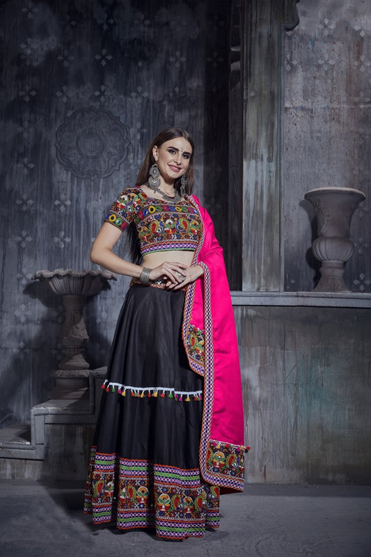 Rajwadi Black Gamthi Embroidered Navratri Chaniya Choli with Pink Dupatta