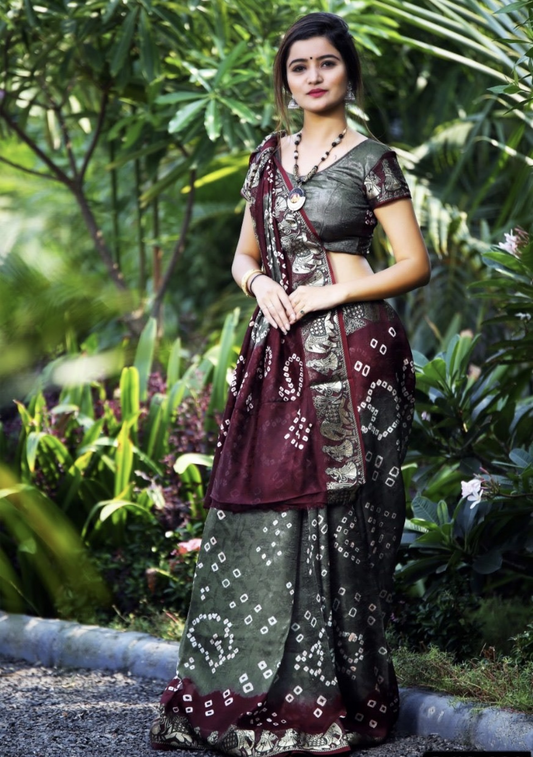 Designer Maroon & Grey Bandhani Bandhej Saree with Contrast Blouse – Festive & Wedding Wear