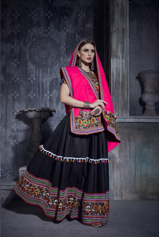 Rajwadi Black Gamthi Embroidered Navratri Chaniya Choli with Pink Dupatta