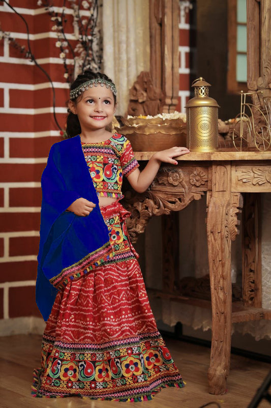 Kids Red Navratri Chaniya Choli with Blue Dupatta – Traditional Embroidered Garba Dress