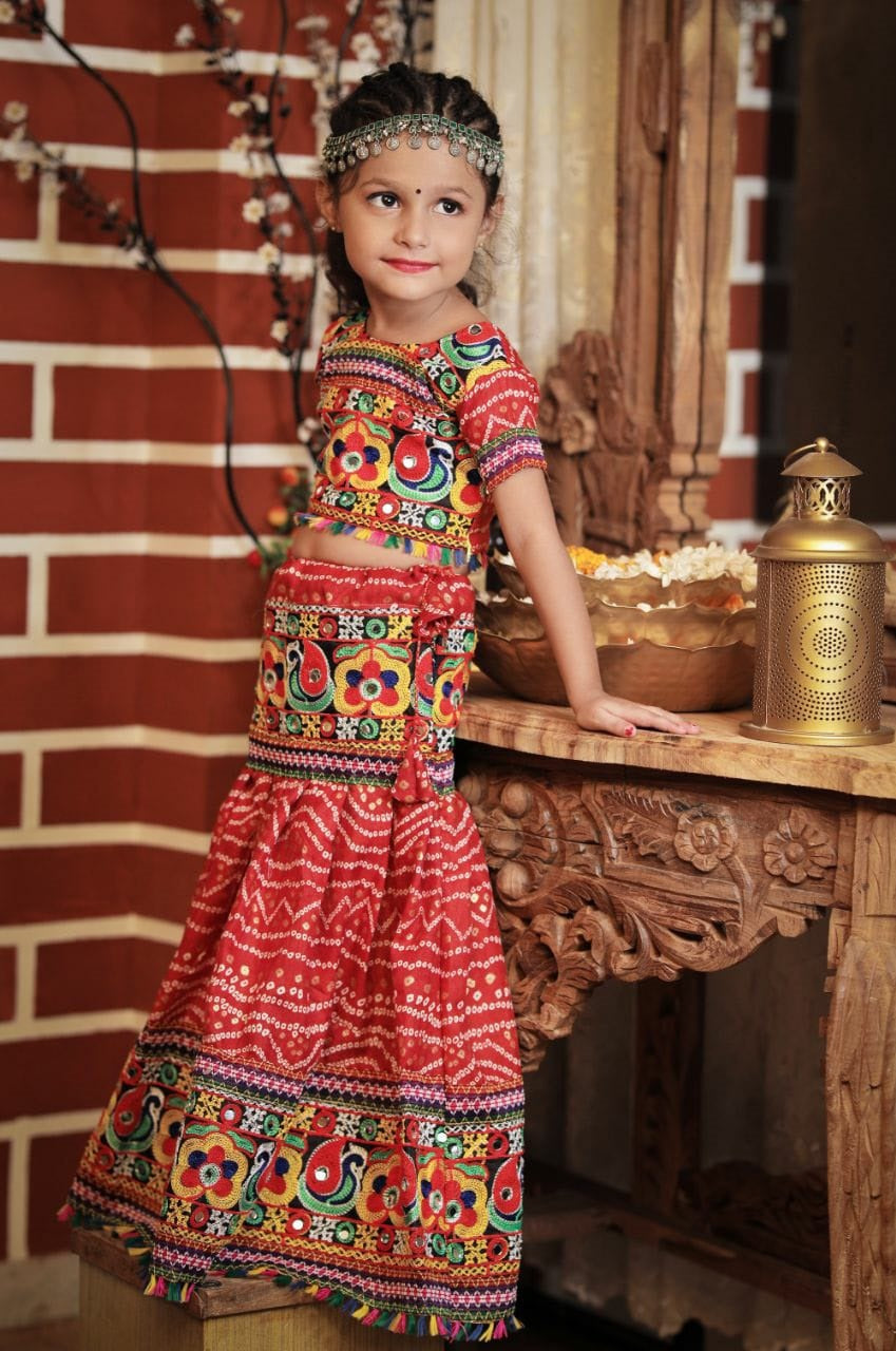 Kids Red Navratri Chaniya Choli with Blue Dupatta – Traditional Embroidered Garba Dress