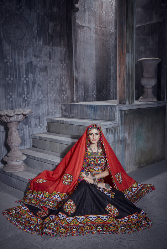 Designer Black Navratri Chaniya Choli with Gamthi Embroidery & Mirror Work