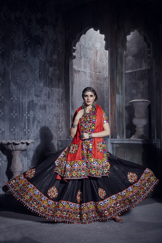Designer Black Navratri Chaniya Choli with Gamthi Embroidery & Mirror Work