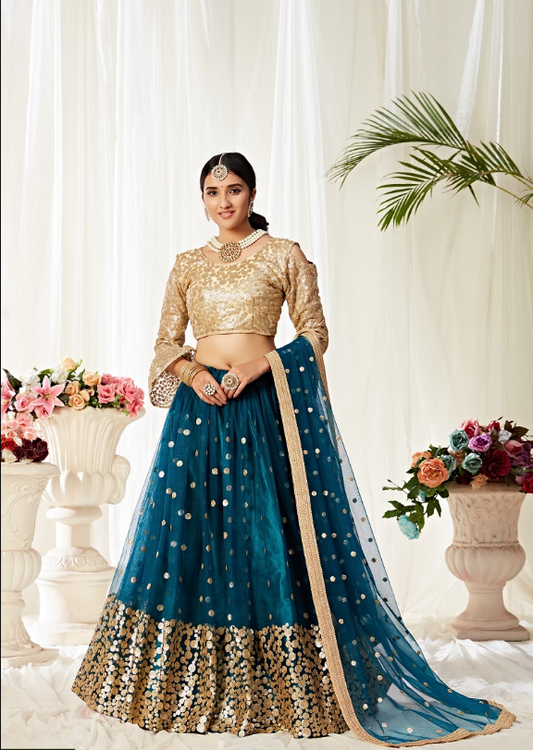 Heavy Sequined and Embroidered Soft Net Lehenga Choli in Mauve-Pink