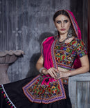 Rajwadi Black Gamthi Embroidered Navratri Chaniya Choli with Pink Dupatta