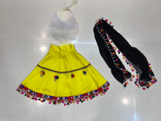 Yellow Baby Girl Navratri Chaniya Choli with Embroidered Blouse & Black Dupatta (6M–1Y)