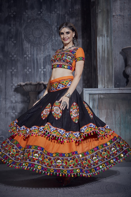 Designer Black & Orange Navratri Chaniya Choli with Blue Dupatta & Kutchi Mirror Work