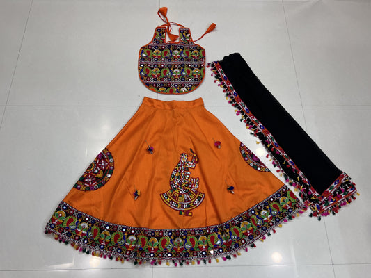 Orange Kids Navratri Chaniya Choli with Embroidered Garba Dancer & Dupatta (8–9 Years)