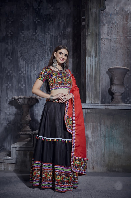 Rajwadi Black Gamthi Embroidered Navratri Chaniya Choli with Red Dupatta – Design