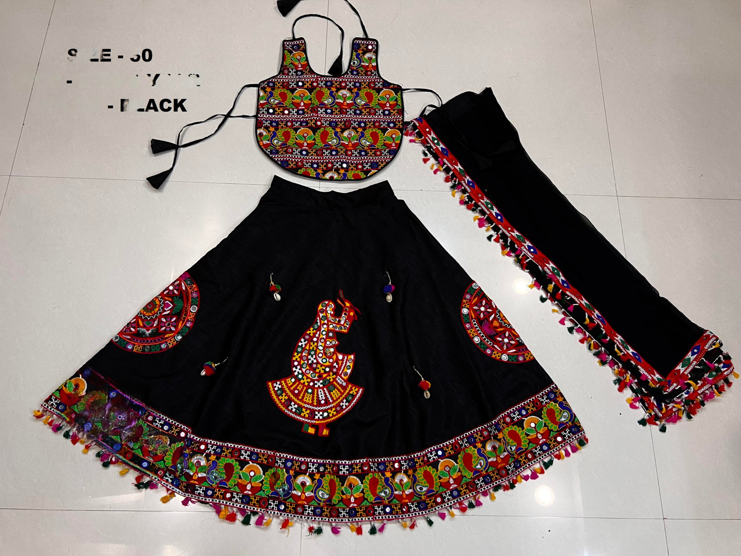 Black Kids Navratri Chaniya Choli with Embroidered Garba Dancer & Dupatta (8–9 Years)
