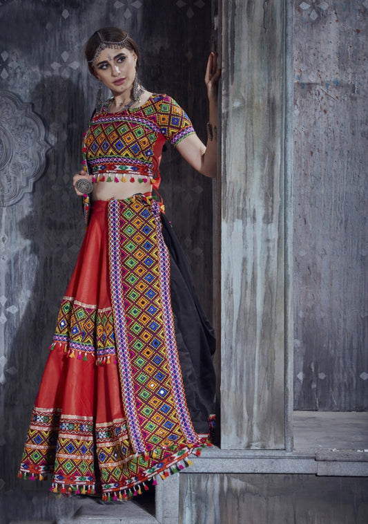 Designer Red & Black Navratri Lehenga Choli with Multicolor Gamthi Mirror Work