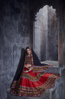 Designer Red & Black Navratri Lehenga Choli with Multicolor Gamthi Mirror Work