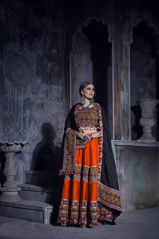 Designer Orange & Black Navratri Chaniya Choli with Gamthi Mirror Embroidery – Festive Garba Wear