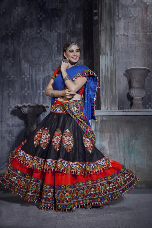 Designer Red & Black Navratri Chaniya Choli with Multicolor Embroidery & Blue Dupatta – Garba & Festive Wear