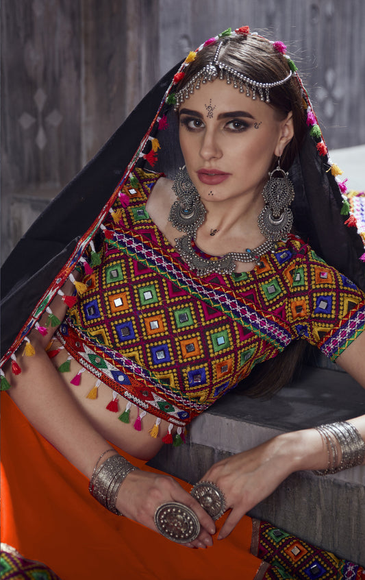Designer Orange & Black Navratri Chaniya Choli with Gamthi Mirror Embroidery – Festive Garba Wear