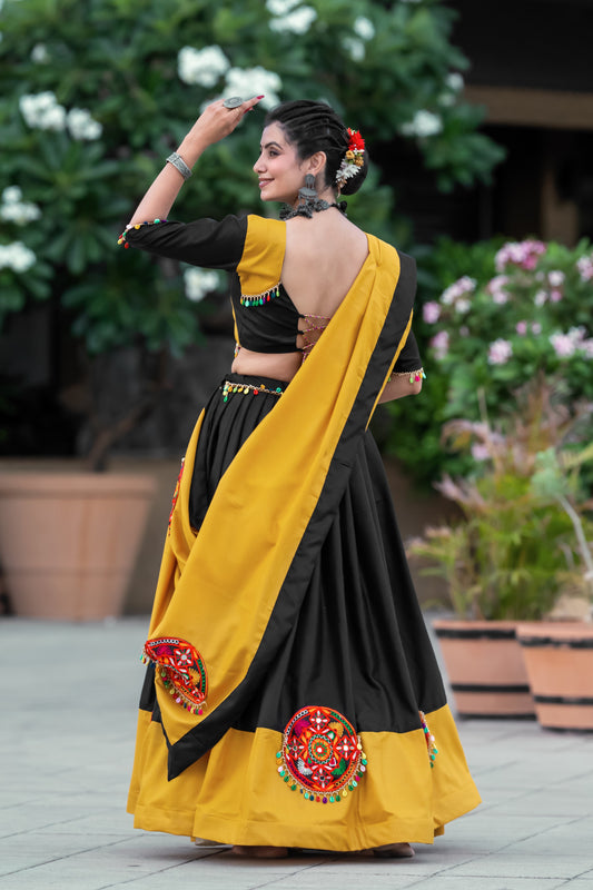 Designer Black & Mustard Yellow Navratri Chaniya Choli with Patchwork Embroidery