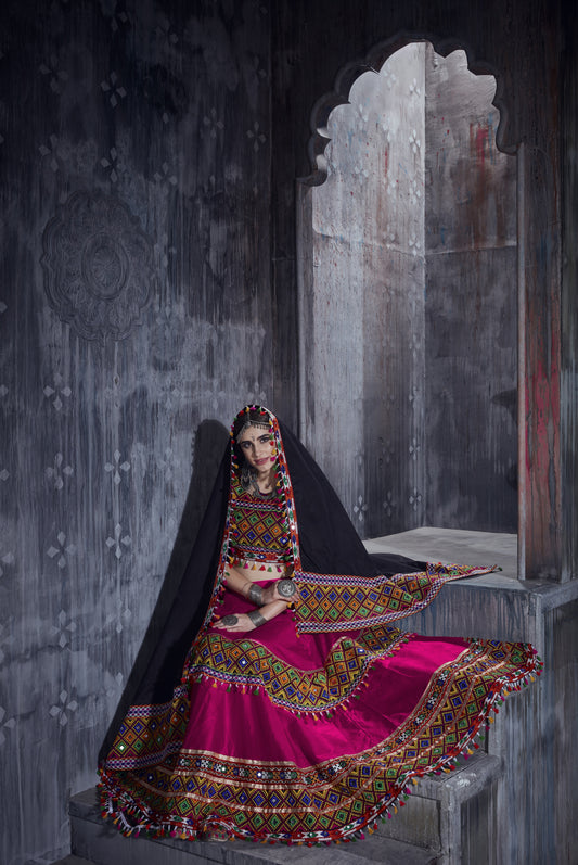 Designer Pink Navratri Chaniya Choli with Black Dupatta & Multicolor Mirror Embroidery