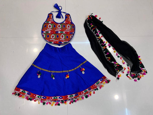 Royal Blue Baby Girl Navratri Chaniya Choli with Mirror Work & Pom-Pom Dupatta (6M–1Y)