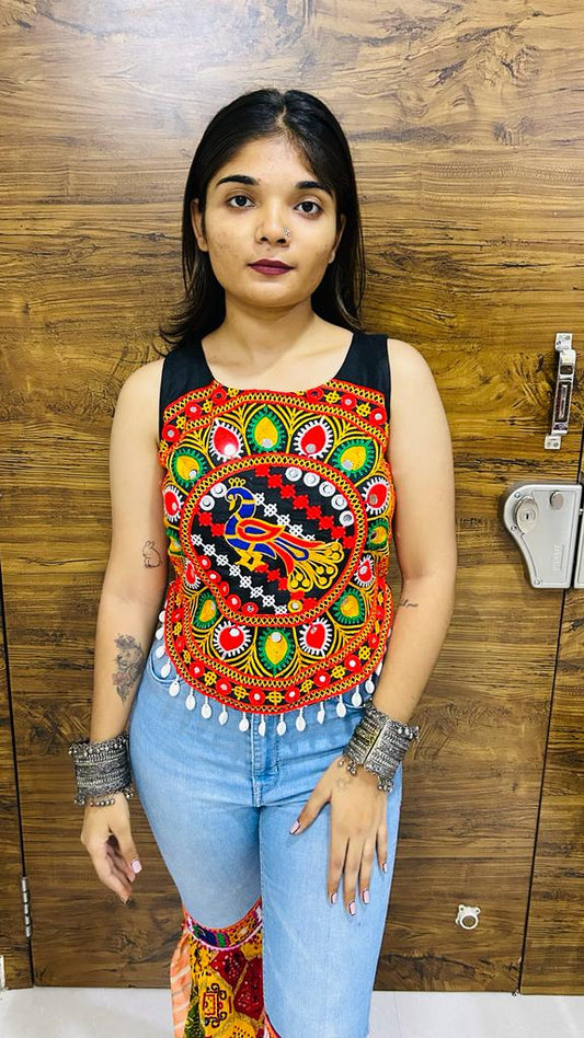 Navratri Special Kutchi Embroidered Peacock Work Koti Crop Top – Multicolor