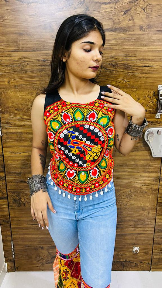 Navratri Special Kutchi Embroidered Peacock Work Koti Crop Top – Multicolor
