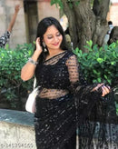 Elegant Black Soft Net Sequin Saree with Unstitched Blouse – Wedding & Party Collection