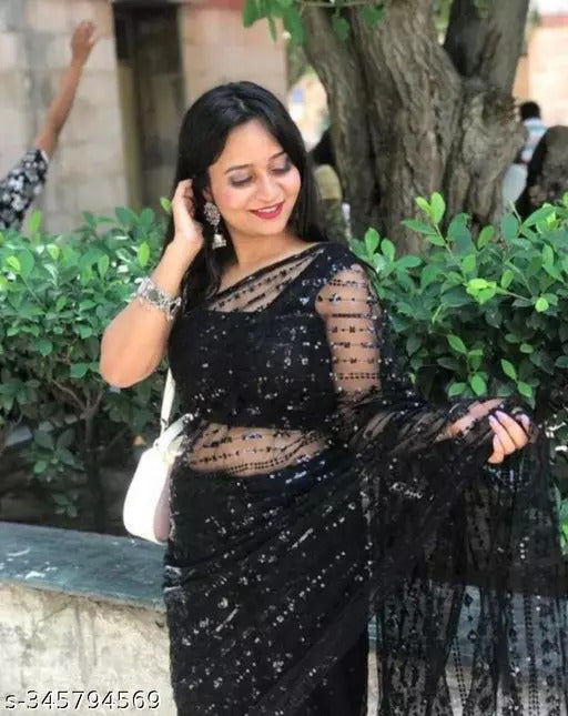 Elegant Black Soft Net Sequin Saree with Unstitched Blouse – Wedding & Party Collection