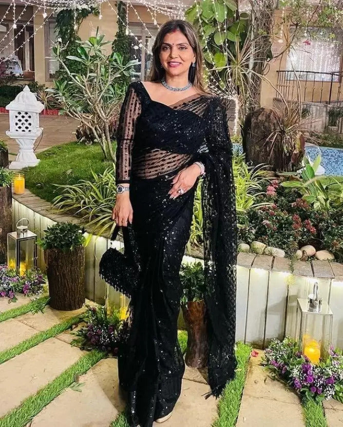 Elegant Black Soft Net Sequin Saree with Unstitched Blouse – Wedding & Party Collection