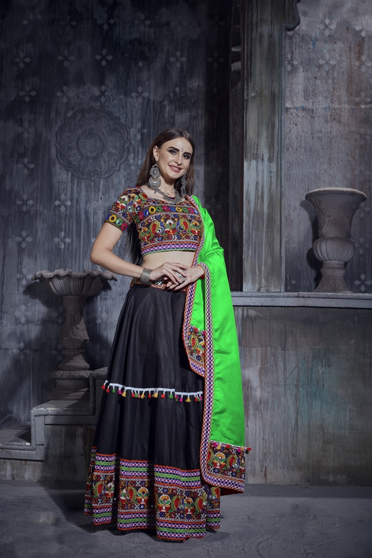 Rajwadi Black Gamthi Embroidered Navratri Chaniya Choli with Neon Green Dupatta